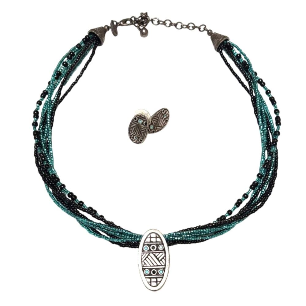 Chicos Black Teal Necklace & Earring Set Multi Strand Beaded Pendant Tribal Boho